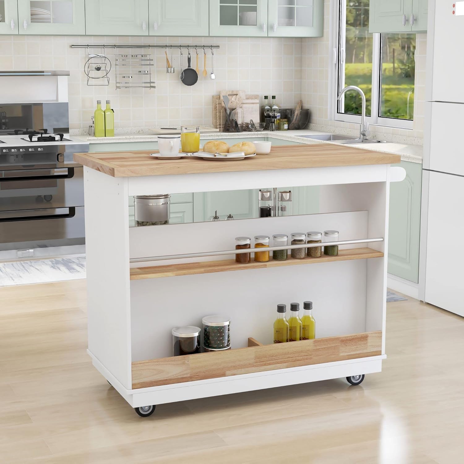 Rolling Kitchen Island Cart with Storage, Rubberwood Top, White U170114