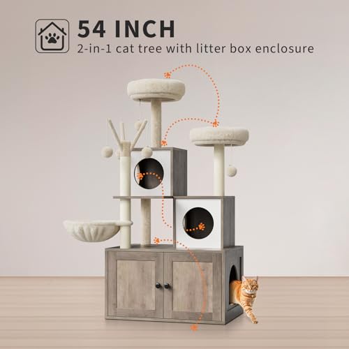 57.5-Inch Cat Tree with Litter Box Enclosure, Oak Brown D61275