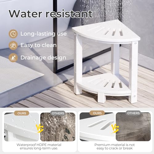 Corner Shower Stool with Storage Shelf, HDPE Waterproof Shower Bench Seat, White W9884