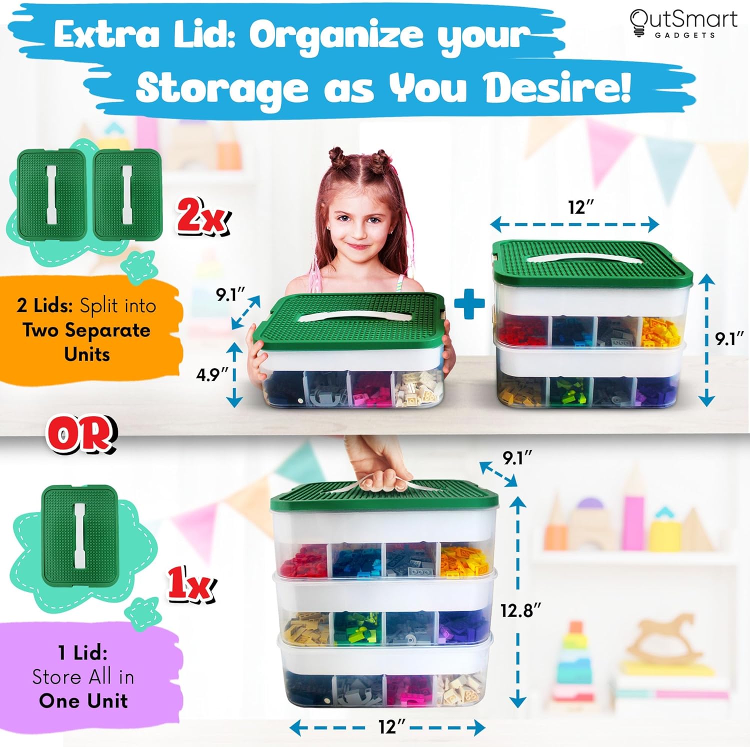 Plastic Stackable Toy Storage Organizer Bin with Adjustable Compartments, ABC Stickers and 2 Lids Included V1011