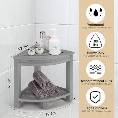 HDPE Corner Shower Stool with Storage Shelf for Bathroom (White) Y87385