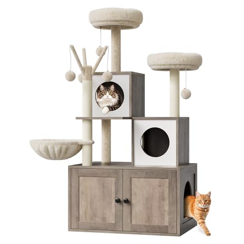 57.5-Inch Cat Tree with Litter Box Enclosure, Oak Brown D61275
