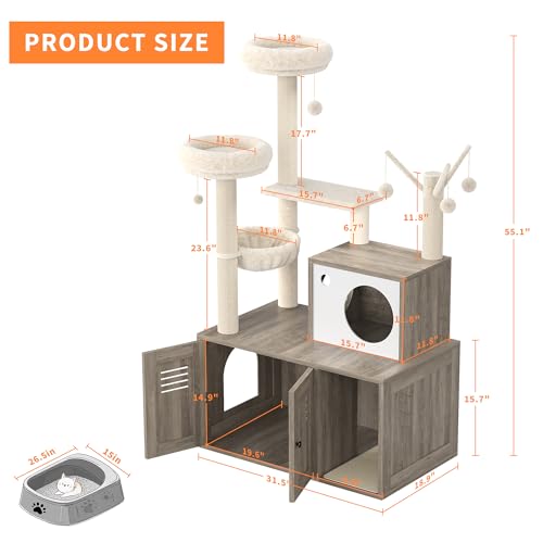Cat Litter Box Enclosure with Cat Tree Tower, Sisal Scratching Post, Rustic Brown U730