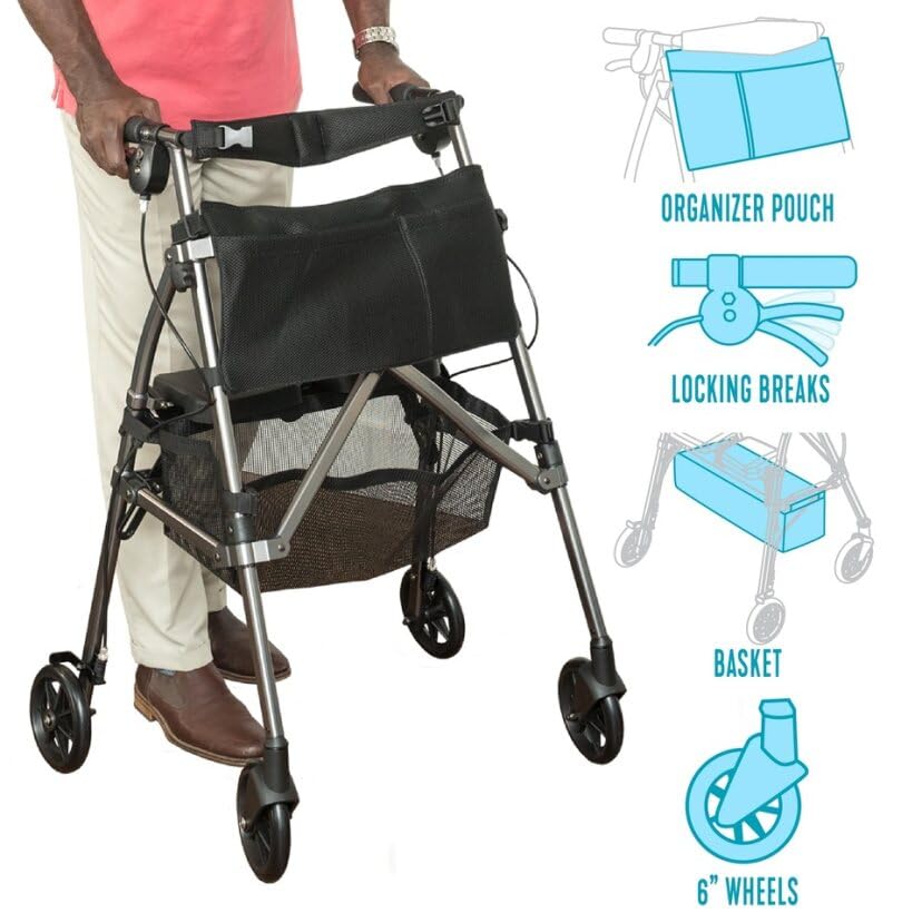 Stander Wonder Rollator Plus Short Lightweight Folding Walker with Seat, Cobalt Blue O5298