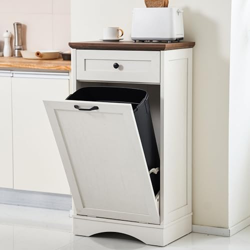 AHB 13 Gallons Tilt Out Trash Cabinet Free Standing Kitchen Trash Cabinet Recycling Garbage Cabinet with Hideaway Drawer Pet Proof Trash Can Holder for Kitchen Living Room, White