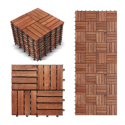 10PCS Interlocking Deck Tiles - Waterproof Acacia Wood Patio Tiles, Easy Snap, Flooring Tiles for Indoor and Outdoor, Balcony Tiles, 10sq.ft per box, 12"x12", Checker Pattern, Teak