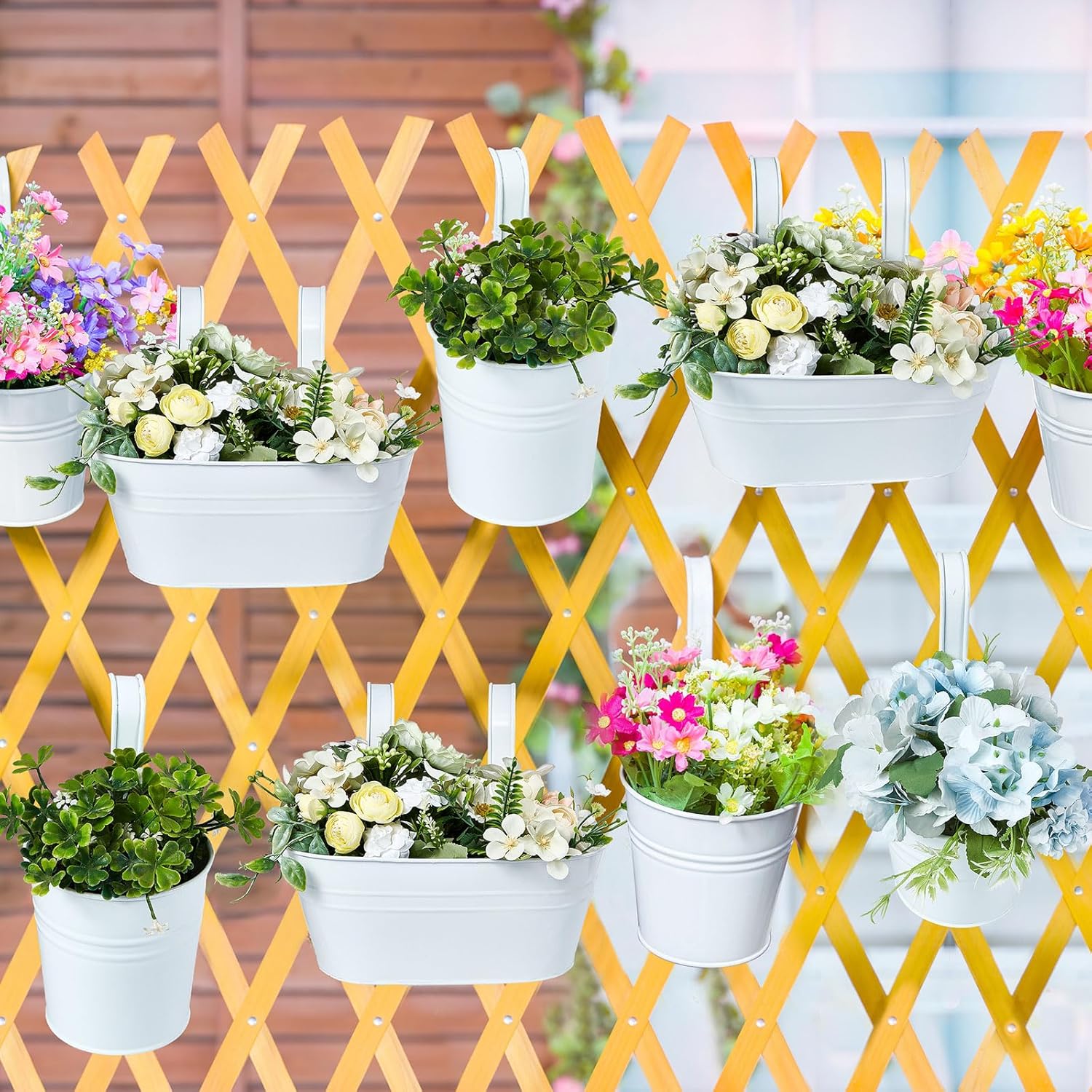 Nuanchu 15 Pcs Hanging Flower Pots White Oval Balcony Planters with Detachable Hooks G26668