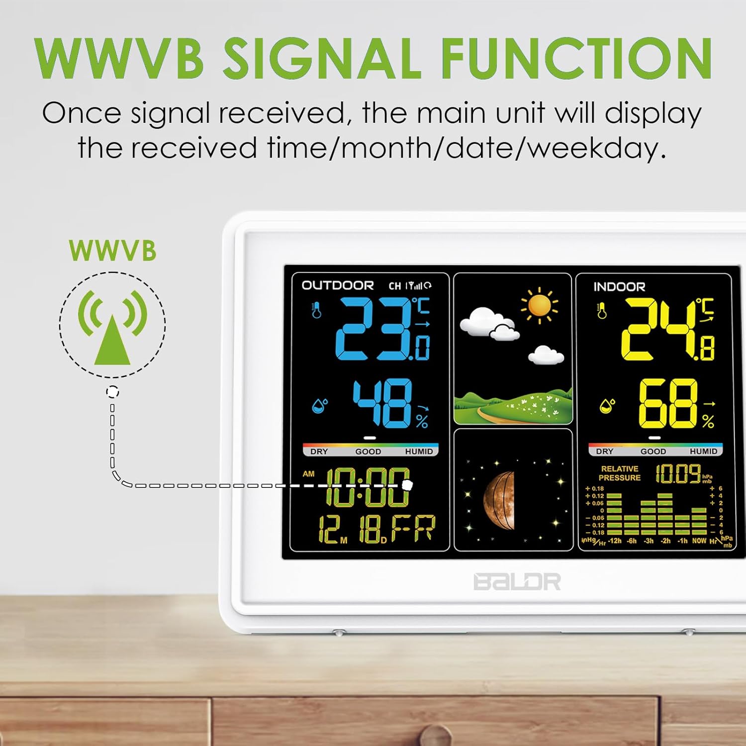 BALDR Wireless Indoor Outdoor Weather Station with Atomic Clock M22285