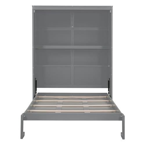 Queen Size Murphy Bed with Shelves, Foldable Wood Wall Bed, White V16042