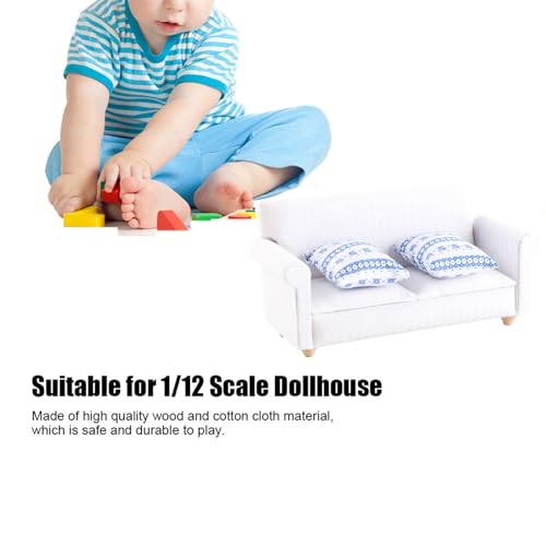 Miniature Sofa Set for 1/12 Dollhouse Living Room, Wooden 2-Seat with Blue Flower Cushion A4869