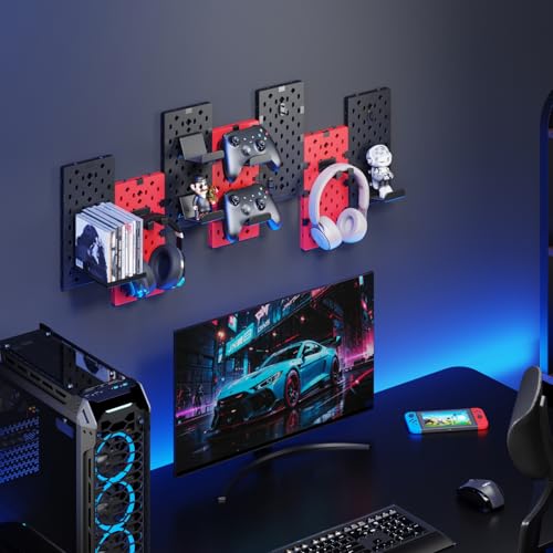 PEGZONE Controller and Headphone Holder Wall Mount, Modular Gaming Pegboard with Accessories, Black & Red R81990