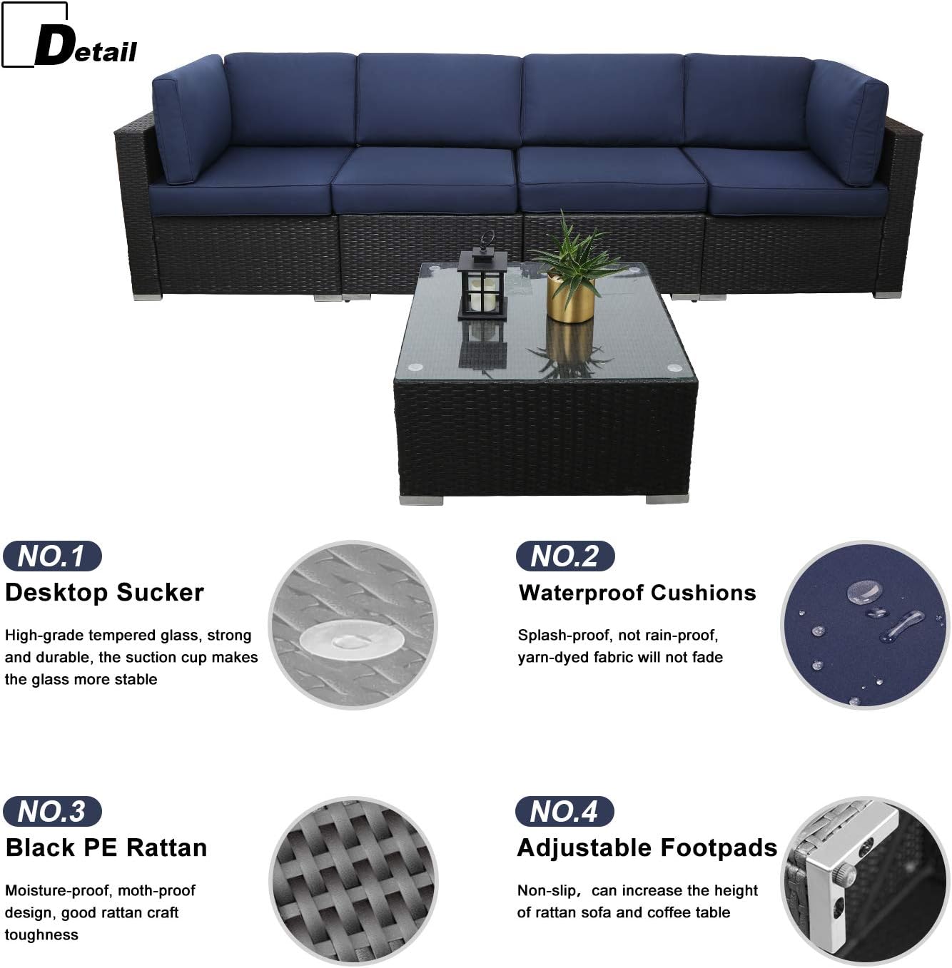 Wicker Patio Furniture Set 5 Piece Outdoor Sectional Rattan Sofa with Cushions and Glass Table L512475