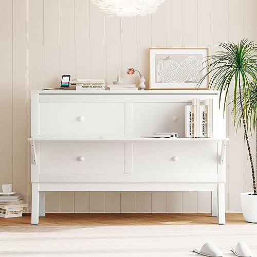 Queen Size Murphy Bed with Bookcase, Foldable Wood Frame with Storage Drawer, White D94283