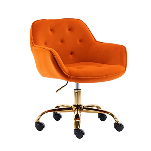 ZOBIDO Comfy Home Office Task Chair with Wheels, Cute Modern Upholstered Velvet Back Adjustable Swivel Vanity Desk Chair, for Women,for Girls, Living Room, Bedroom(dark orange)