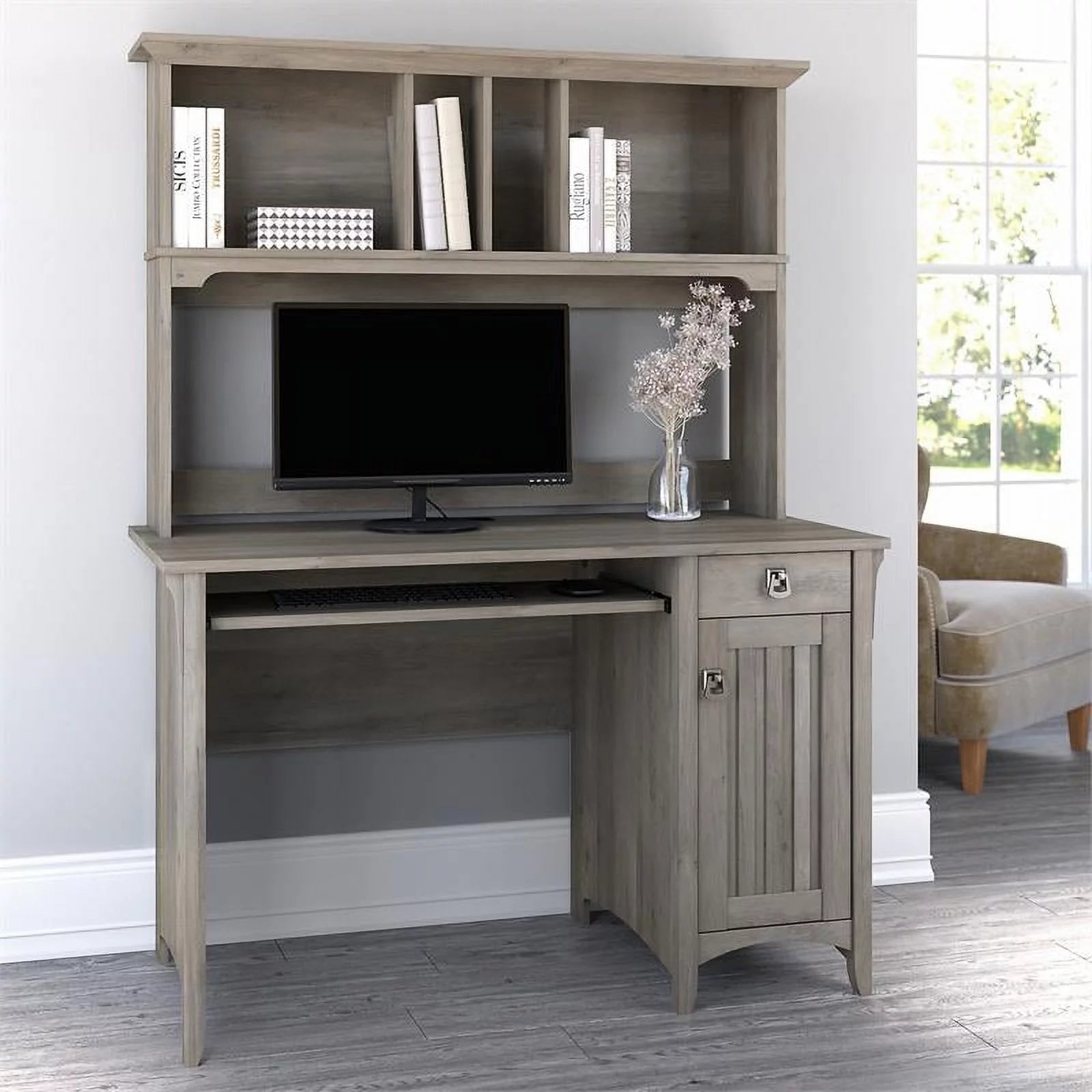 UrbanPro Farmhouse Small Computer Desk with Hutch, Driftwood Gray H8708