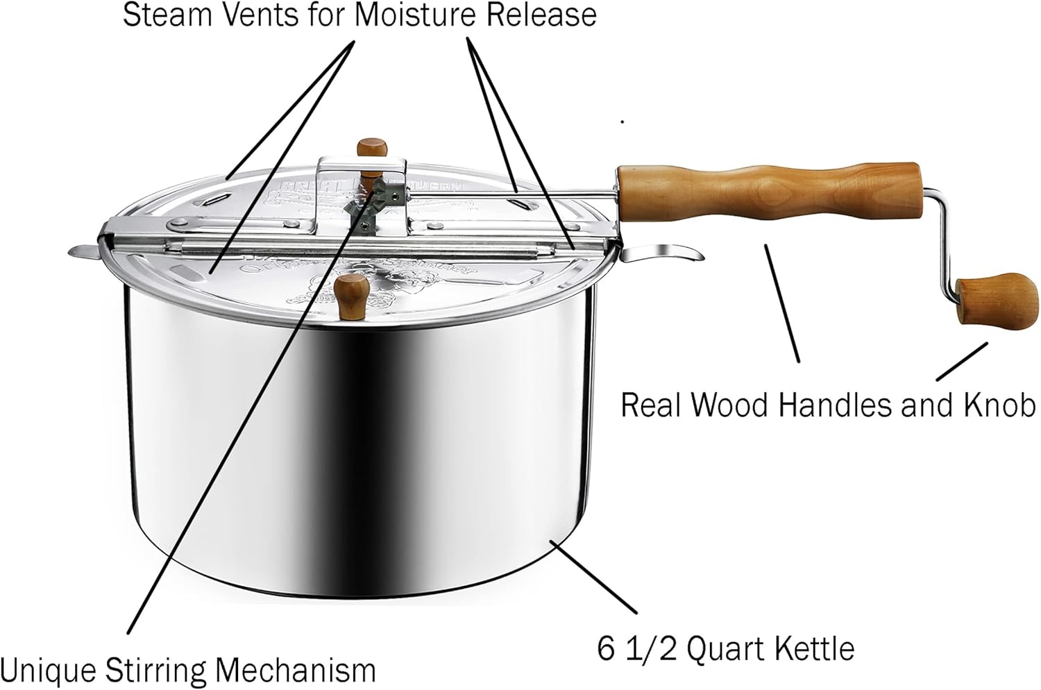 Great Northern Popcorn Stovetop Popcorn Maker with Wooden Handles, 5qt N9418