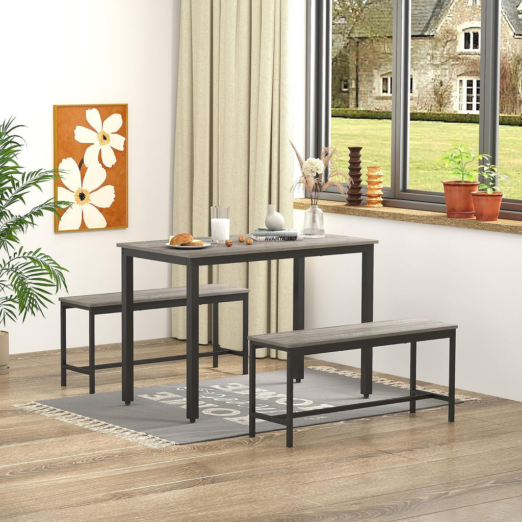 3-Piece Dining Set with Table and 2 Benches, Gray and Black, Space Saving for 4 Z147877