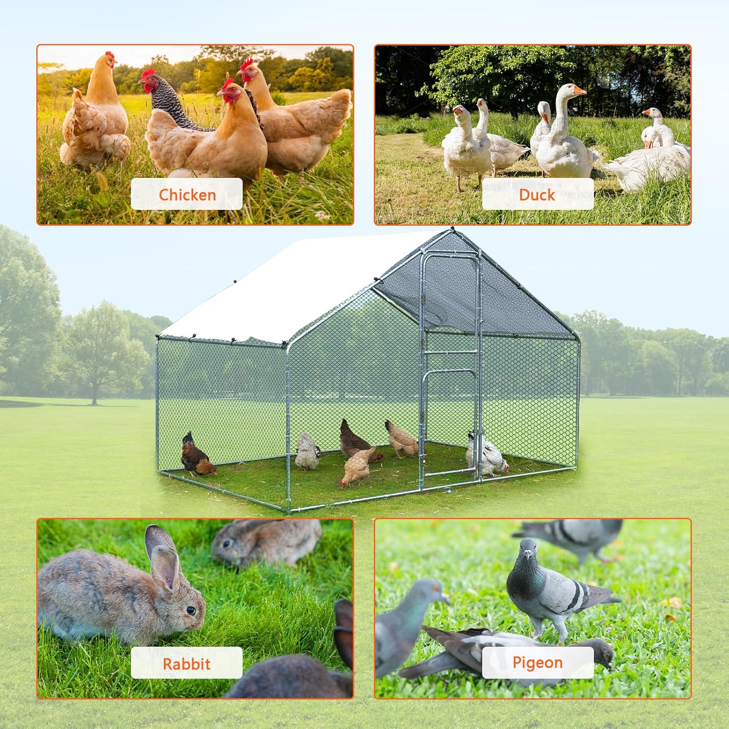 Large Metal Chicken Coop Walk-in Poultry Cage with Water-Resistant Anti-UV Cover Z17130