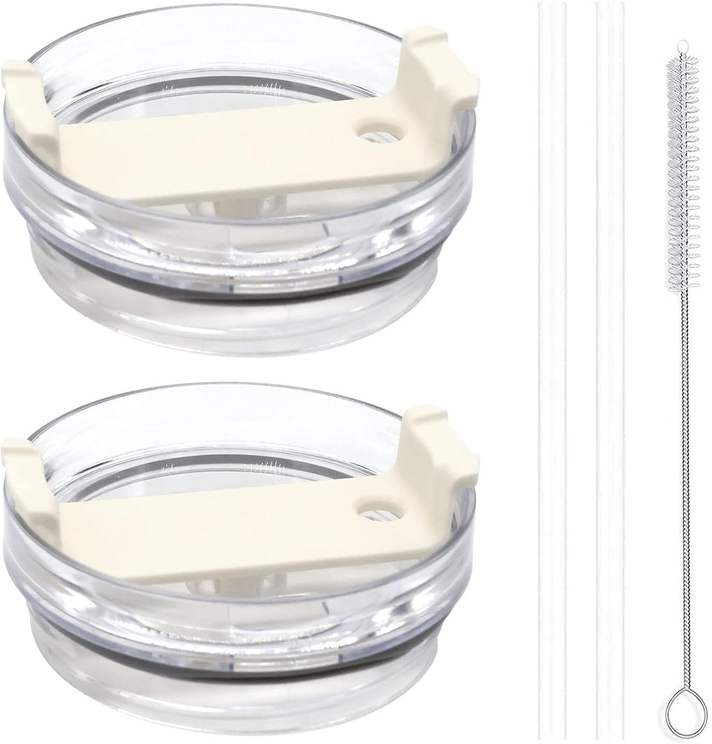 40oz Tumbler Lid Compatible for Stanley, 2 Pack Replacement Tumbler Lids Fit for Stanley Adventure Quencher 40oz Travel Tumbler with Plastic Straws and Cleaning Brush - Cream