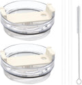 40oz Tumbler Lid Compatible for Stanley, 2 Pack Replacement Tumbler Lids Fit for Stanley Adventure Quencher 40oz Travel Tumbler with Plastic Straws and Cleaning Brush - Cream