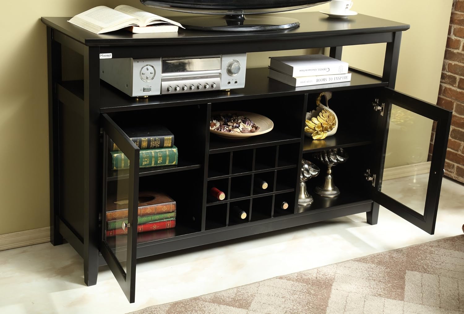 52" Wooden Sideboard with Wine Rack and Adjustable Shelves, Black O356300