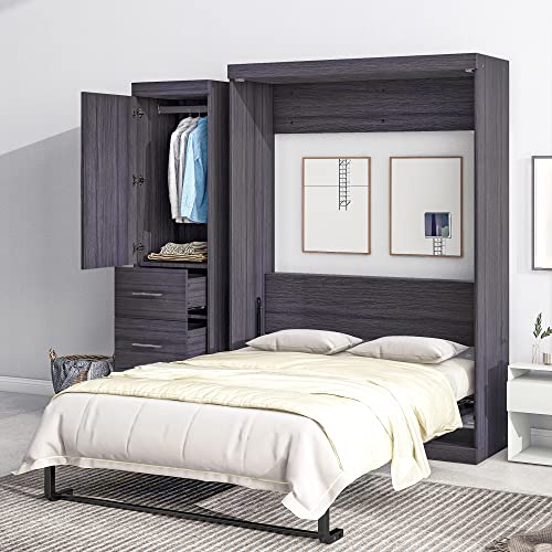 Queen Size Murphy Bed with a Shelf, Wooden Murphy Bed Cabinet Wall Bed with Desk for Guest Room Bedroom Office, Space-Saving, No Box Spring Needed, White