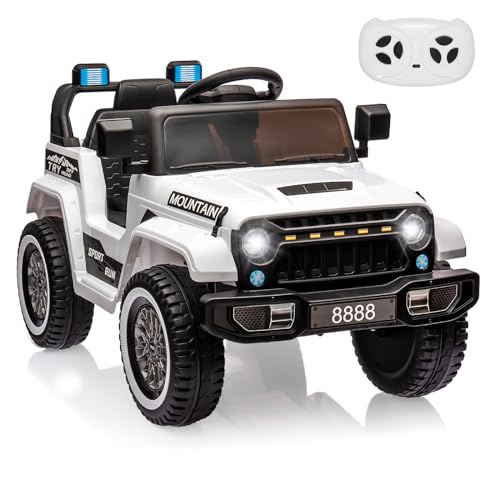 Ride on Truck Car w/Remote Control, 12V Kids Electric Vehicles w/Spring Suspension, 3 Speeds, LED Lights, Music, MP3, Ride on Toys for Boys Girls, White