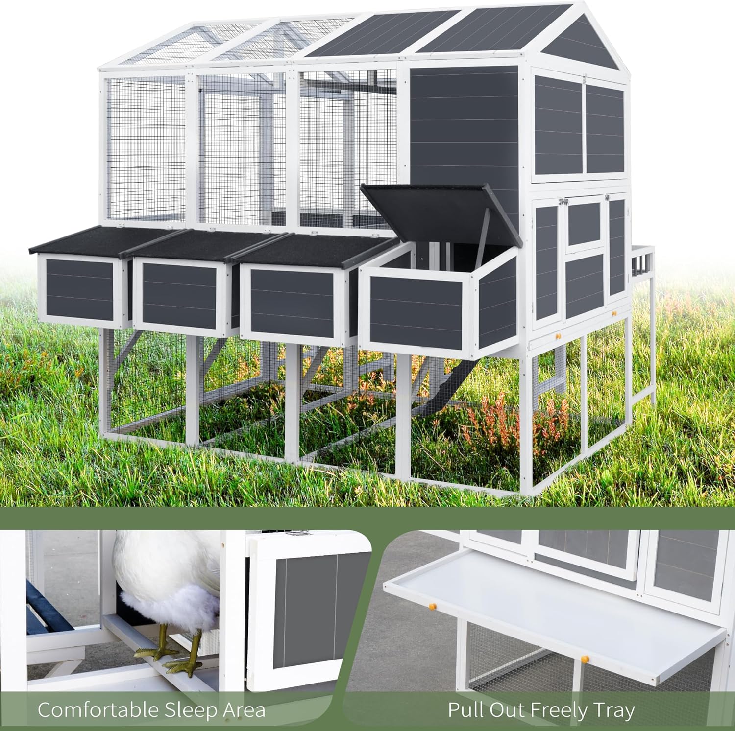 95'' Wooden Walk-in Chicken Coop for 10 Chickens with 4 Nesting Boxes V7048