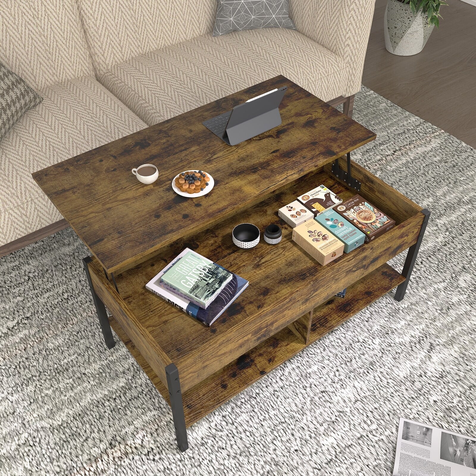 LivEditor Lift Top Coffee Table with Hidden Storage Brown P193636