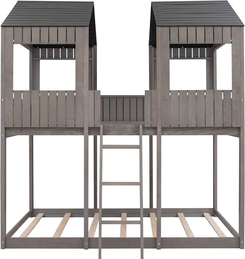 Full Over Full Wooden House Bunk Bed with Roof and Guard Rail, Antique Gray X7490