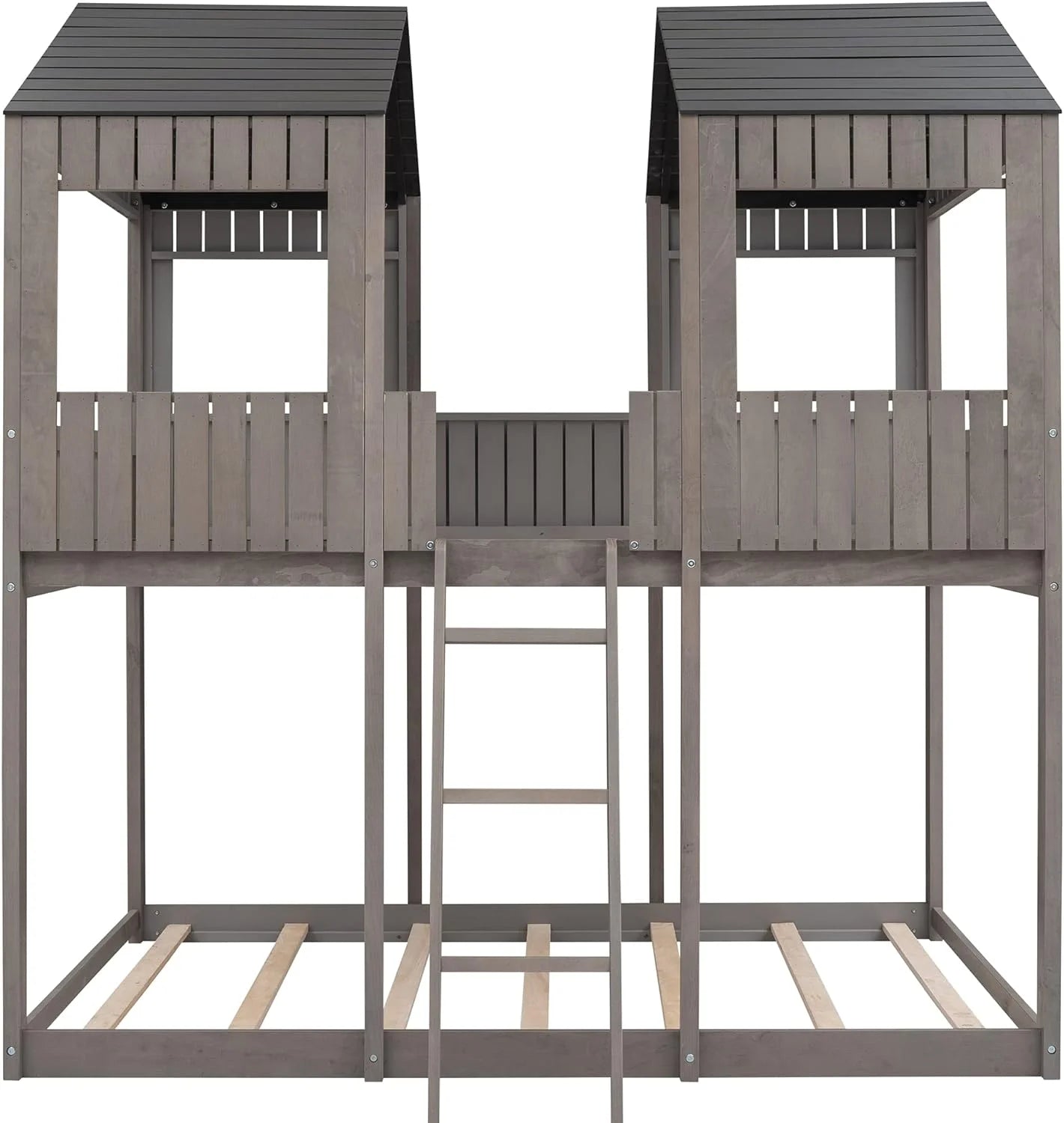 Full Over Full Wooden House Bunk Bed with Roof and Guard Rail, Antique Gray X7490