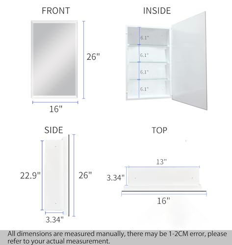 14"x24" Frameless Beveled Bathroom Medicine Cabinet with Mirror, Wall Mounted J551
