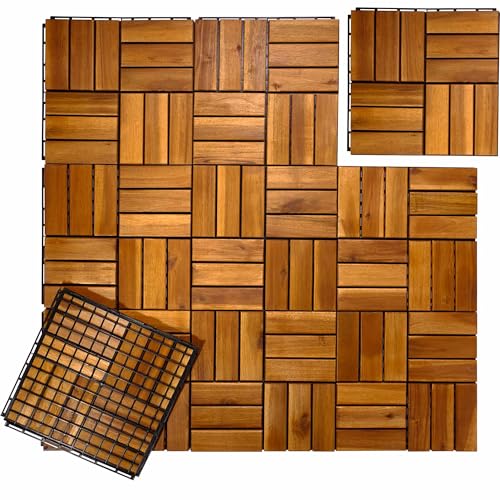 Interlocking Deck Tile Outdoor All Weather 10 Sq Ft - 12x12" Acacia Wood Patio Tiles Indoor Floor - Balcony Decorations for Apartment - Wooden Patio Flooring Planks Outdoor Waterproof