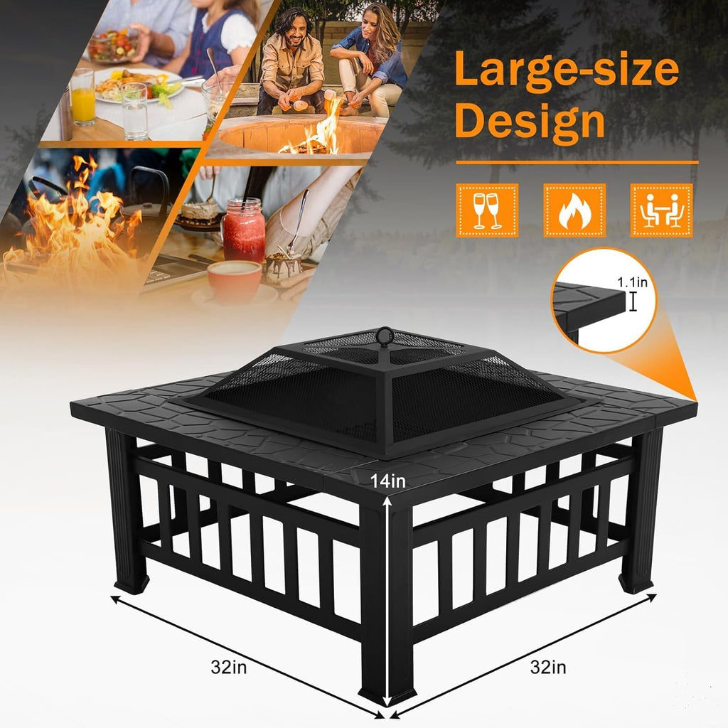 Bigacc Outdoor Fire Pit Wood 32in Square Metal BBQ Firepit Stove, Black P109