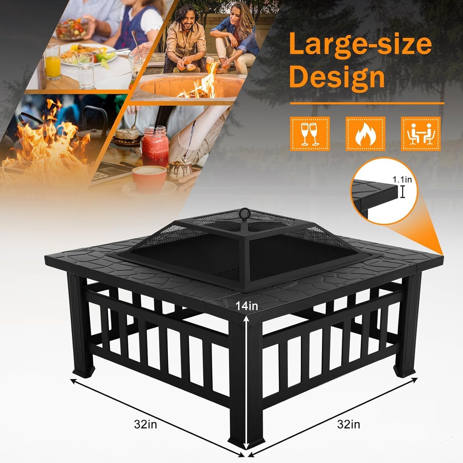 Bigacc Outdoor Fire Pit Wood 32in Square Metal BBQ Firepit Stove, Black P109