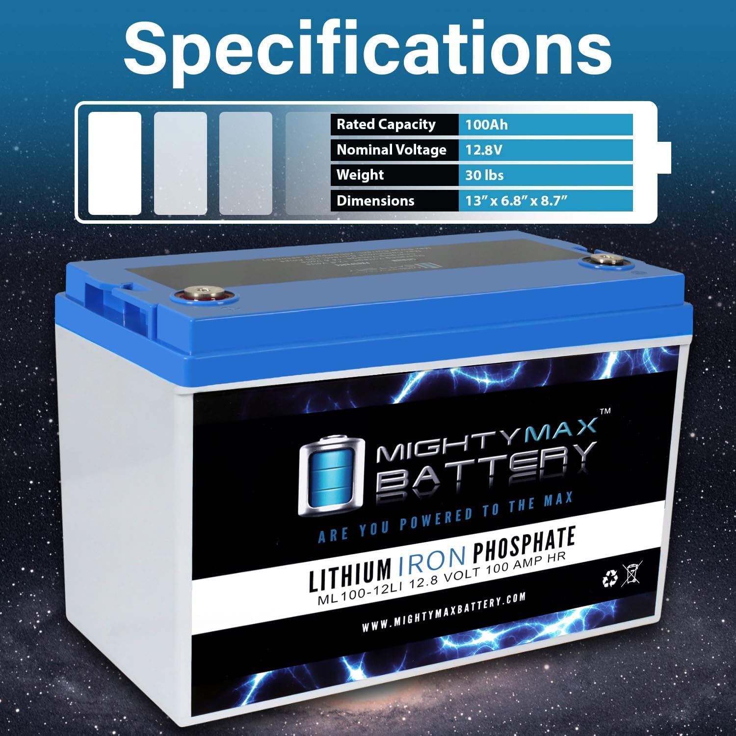 Mighty Max Battery 12V 100AH Lithium Replacement Battery for RV Marine Solar J78874