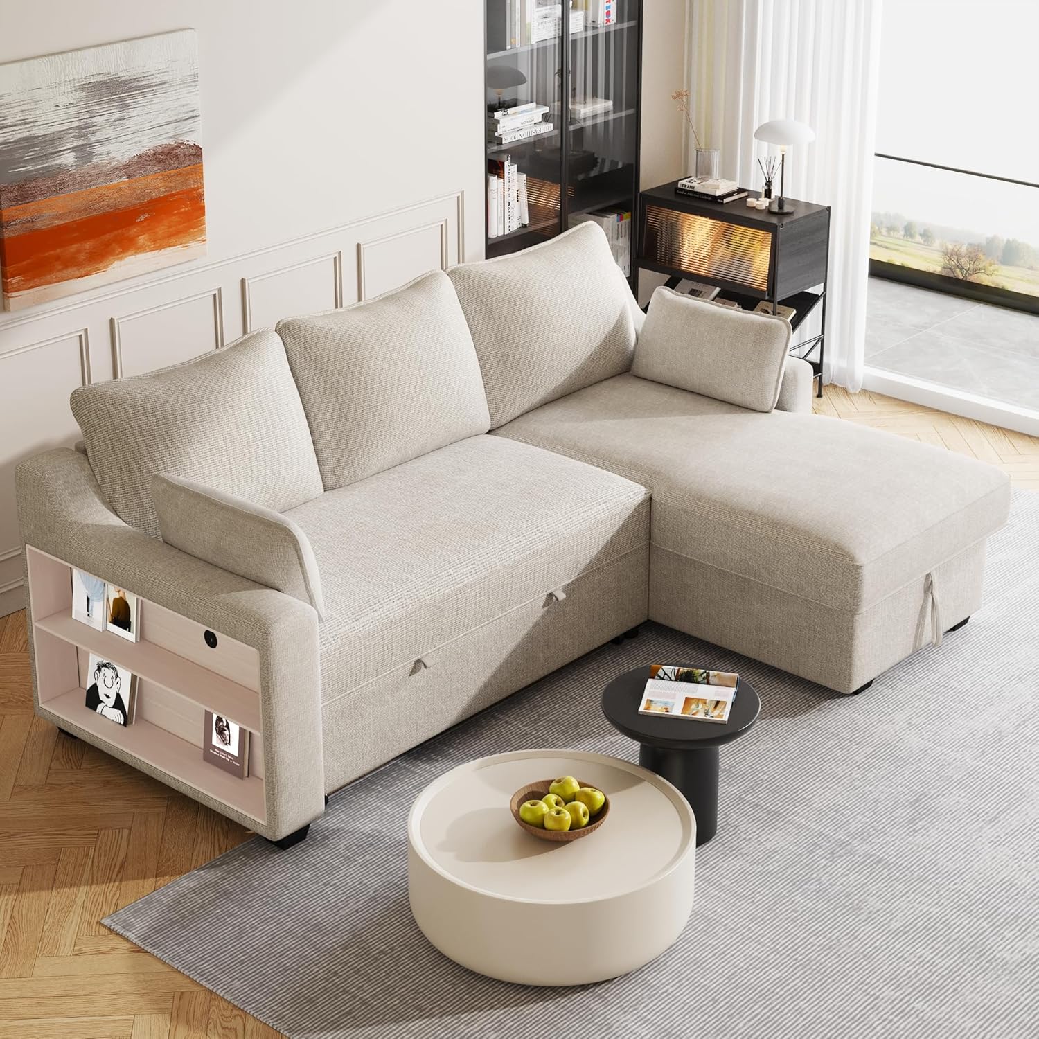 FANYE L-Shape Reversible Sleeper Sectional Couch with Storage and USB Ports R934