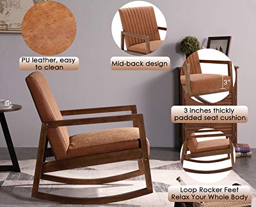 CIMOTA Leather Modern Rocking Chair Mid Century Upholstered Armchair Dark Brown N4300