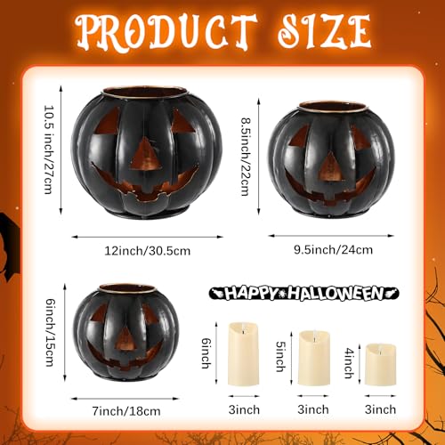3 Sets Halloween Metal Jack O Lanterns with LED Candles and Black Cloth Decor X7670
