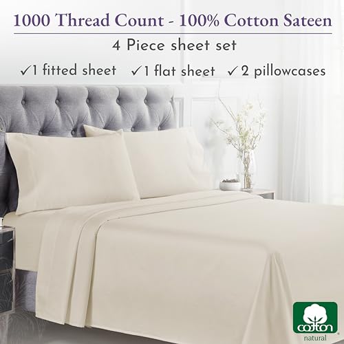California Design Den 1000 Thread Count Queen Sheet Set, 100% Cotton Sateen, 4 Piece, White F3076