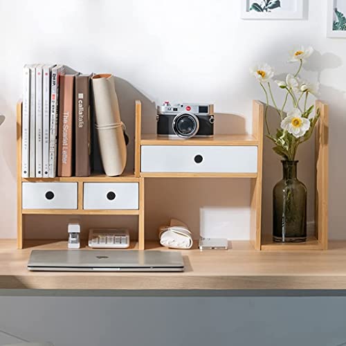 Bamboo Desktop Bookshelf with Drawer, Expandable Desk Organizer, 77x35cm F297155