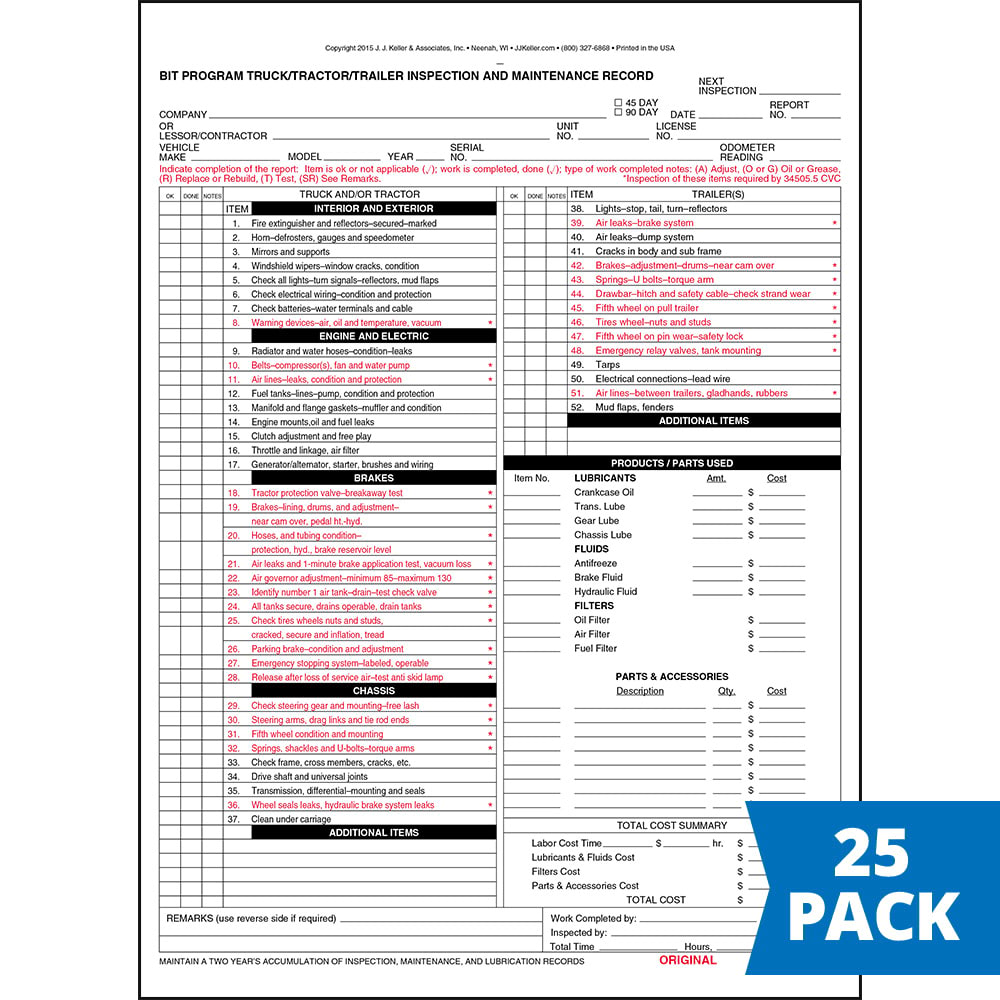 BIT Program Truck Inspection & Maintenance Record Form 25-pk, 3-Ply, 8.5" x 11.75" - J. J. Keller O952