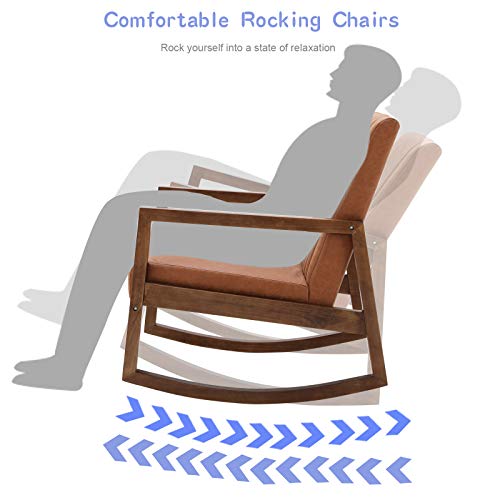 CIMOTA Leather Modern Rocking Chair Mid Century Upholstered Armchair Dark Brown N4300