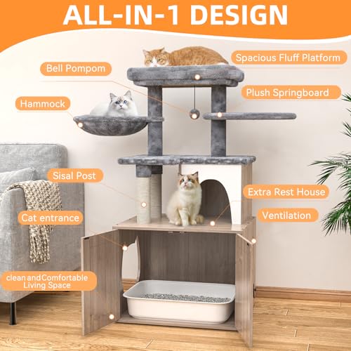Litter Box Enclosure with Cat Tree and Scratching Post, Grey F704146