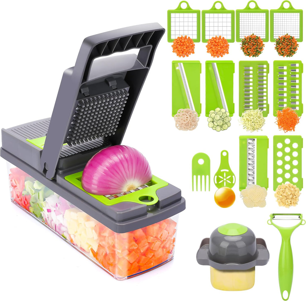 Vegetable Chopper with Container, Pro Food Chopper, 17 in 1 Multifunctional Food Slicer Vegetable Cutter with 10 Blades, Adjustable Onion Dicer Chopper for Kitchen Salad Potato Carrot Garlic