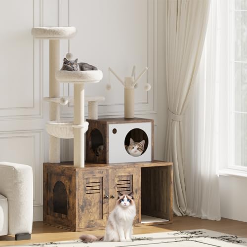 Cat Litter Box Enclosure with Cat Tree Tower, Sisal Scratching Post, Rustic Brown U730
