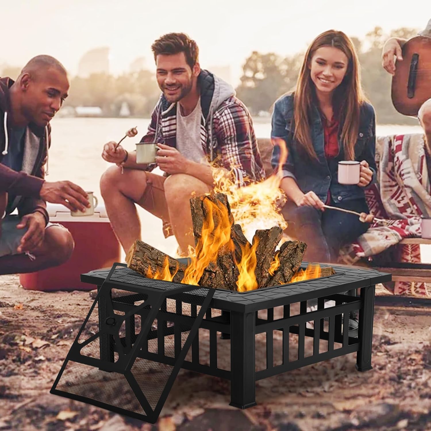 Bigacc Outdoor Fire Pit Wood 32in Square Metal BBQ Firepit Stove, Black P109