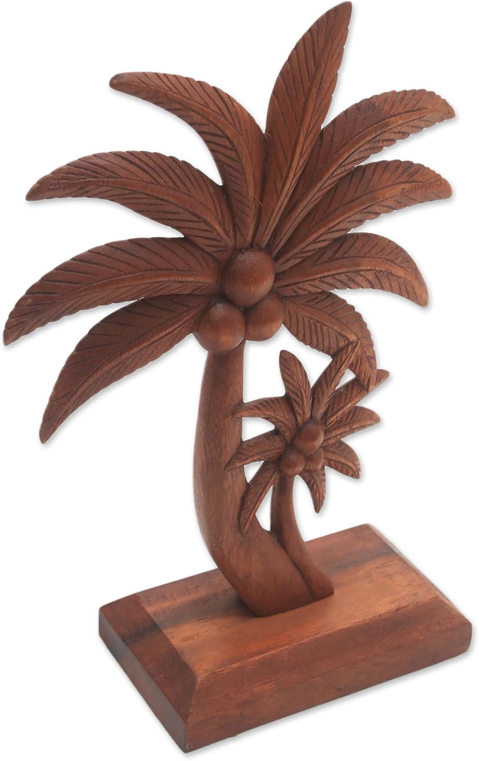 NOVICA Artisan Handcarved Wood Statuette Coconut Tree from Bali Brown Indonesia Sculpture Leaf Nature Tropical Decor F287
