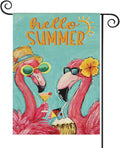 Baccessor Hello Summer Garden Flag Double Sided 12.5x18 Inch Pink Flamingo Tropical Beach Summer Welcome Small Yard Flag Burlap Seasonal Farmhouse Outside Outdoor Decoration