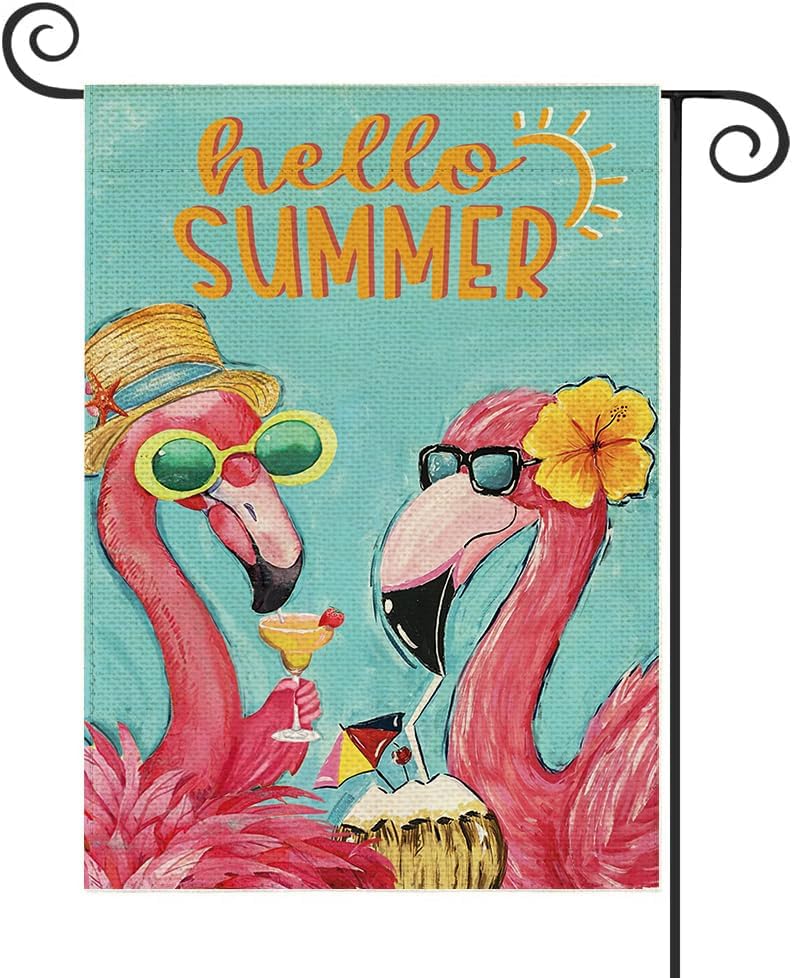 Baccessor Hello Summer Garden Flag Double Sided 12.5x18 Inch Pink Flamingo Tropical Beach Summer Welcome Small Yard Flag Burlap Seasonal Farmhouse Outside Outdoor Decoration